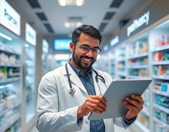 sleek pharmacy digital campaign, enthusiastic expression, clicking on a tablet, photorealistic, modern pharmacy setting, highly detailed, digital displays, ISO 280, neutral colors, even lighting, shot with a 24mm lens