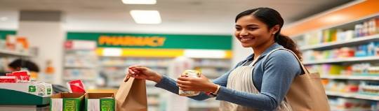 compelling pharmacy promo, happy expression, handing a customer bag, photorealistic, friendly pharmacy checkout, highly detailed, branded bags, ISO 200, warm lighting, soft interior lighting, shot with a 50mm lens